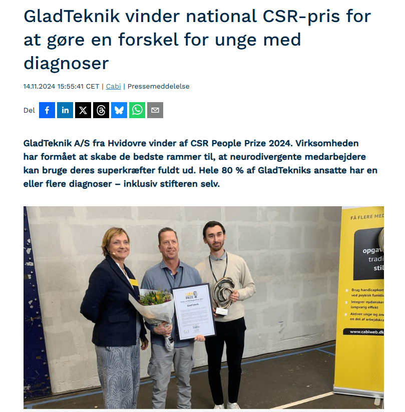 Ritzau: GladTeknik vinder national CSR-pris for at gøre en forskel for unge med diagnoser 21